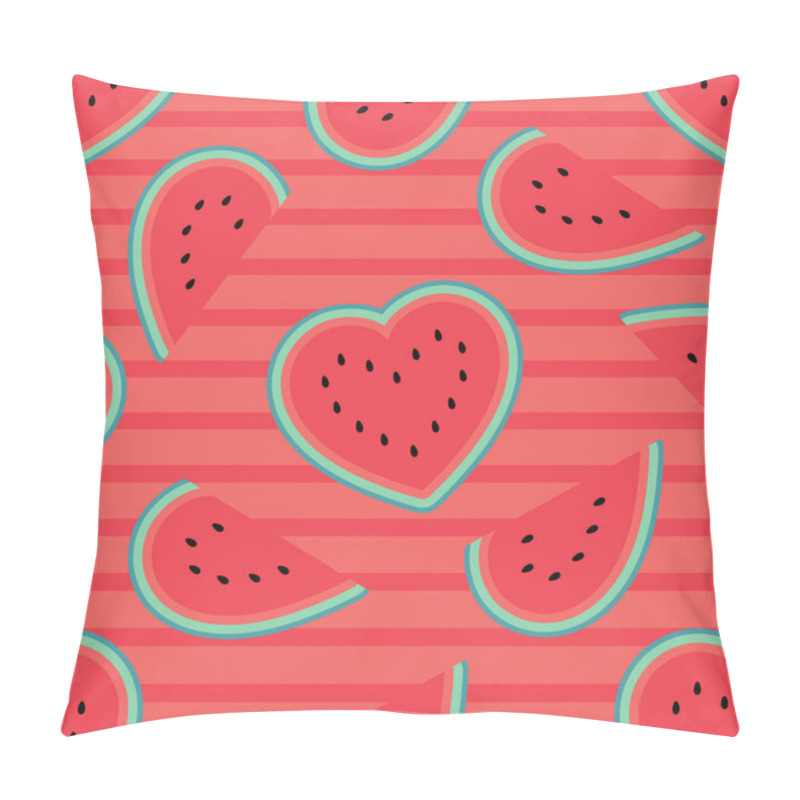 Personality  Valentine's Day Watermelon Hearts Seamless Pattern On Red Striped Background. Flat Cartoon Style. Vector Illustration Pillow Covers