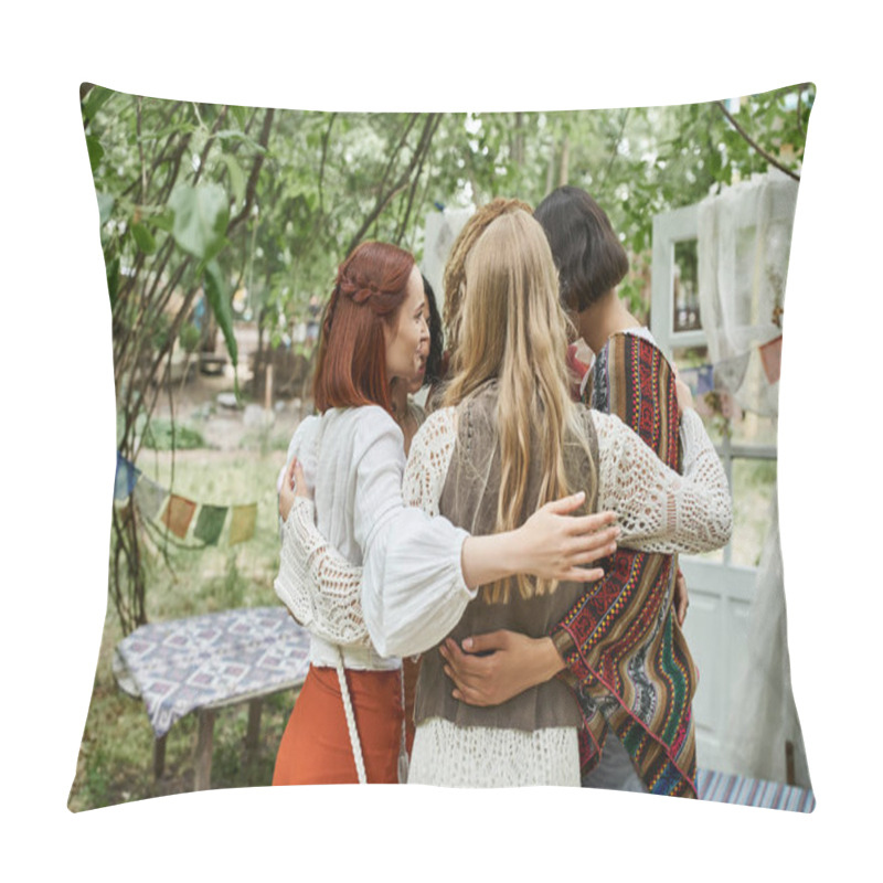 Personality  Smiling Multiethnic Women In Boho Clothes Hugging While Standing Outdoors In Retreat Center Pillow Covers