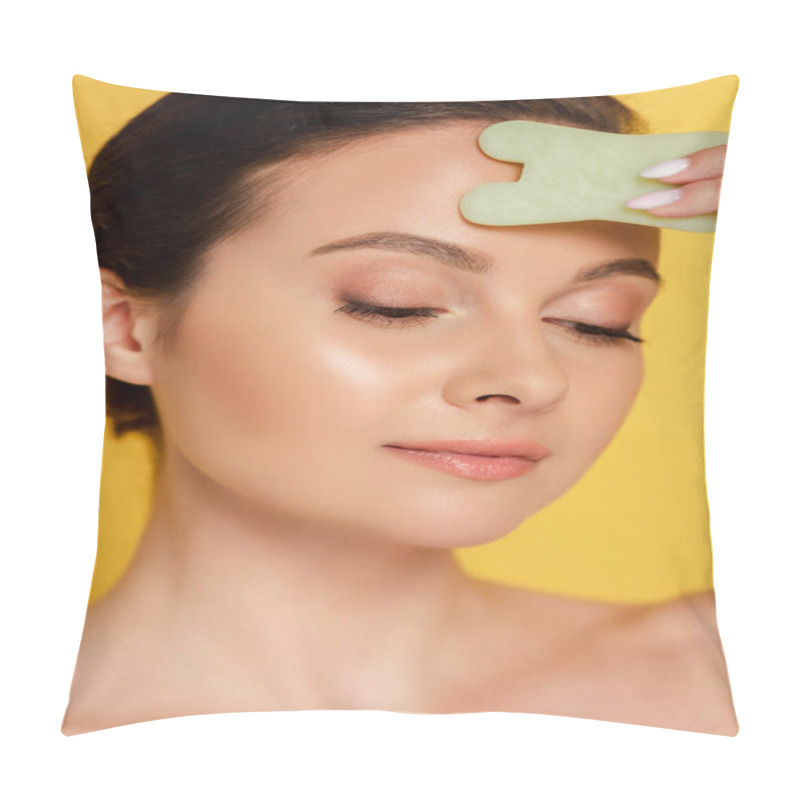 Personality  Portrait Of Beautiful Naked Woman Facial Jade Gua Sha Isolated On Yellow Pillow Covers