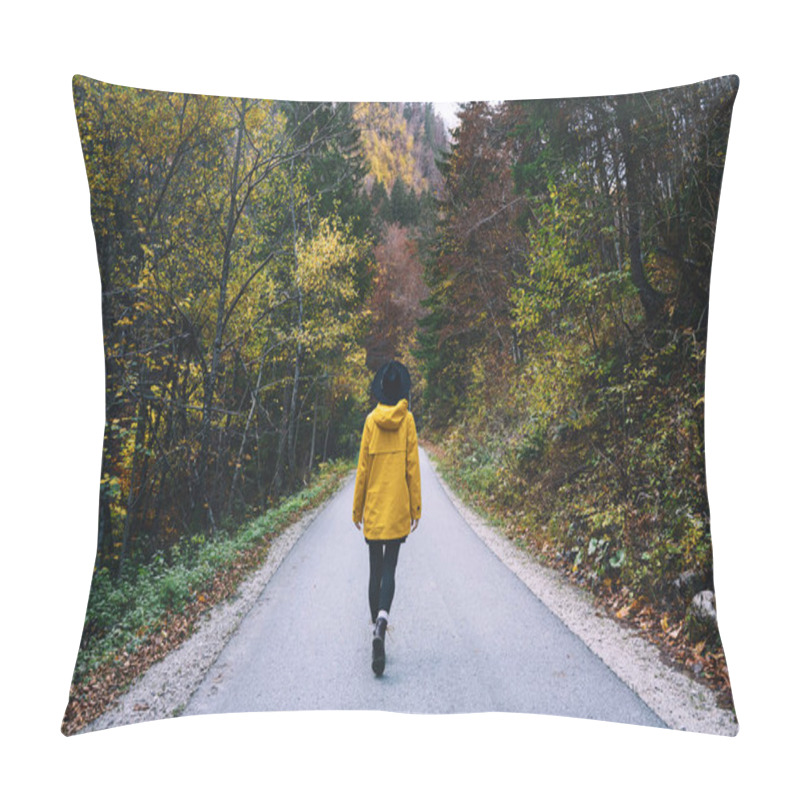 Personality  Woman In Yellow Raincoat Walking On Road In Autumn Forest. Young Hiker Girl In Nature Outdoors On Rainy And Foggy Day. Travel Freedom Lifestyle Pillow Covers