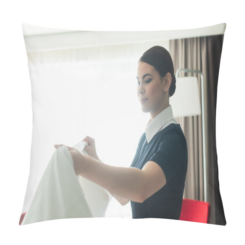 Personality  Young Chambermaid In Uniform Changing Bedding In Hotel Room  Pillow Covers