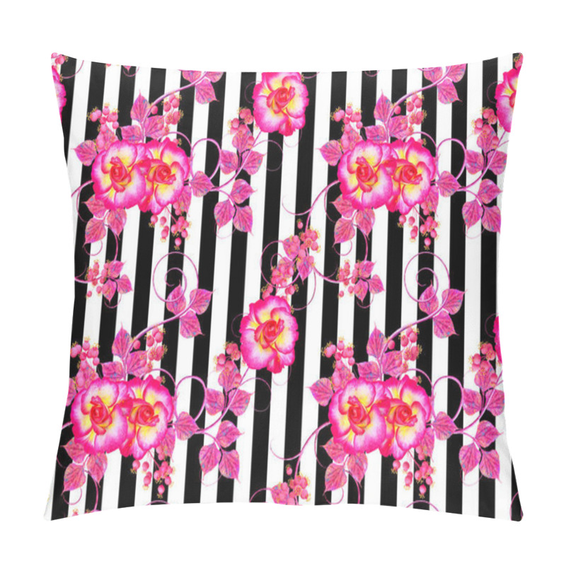 Personality  Violet, Pink Flowers With A Paisley Element, Delicate Curls, Bright Leaves, Inflorescences Of Berries. Floral Seamless Pattern. Black And White Vertical Stripes. Pillow Covers