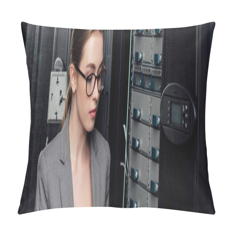 Personality  Panoramic Shot Of Attractive Businesswoman In Glasses Near Server Rack In Data Center  Pillow Covers