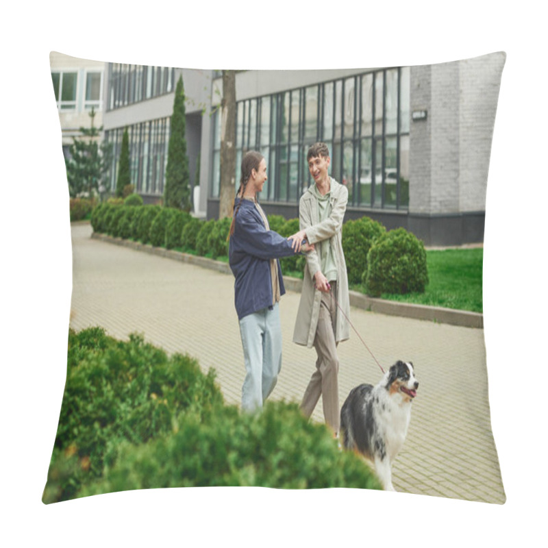 Personality  Happy Lgbt Couple Holding Hands And Leash Of Australian Shepherd Dog While Walking Out Together And Smiling Near Green Bushes And Modern Building On Urban Street  Pillow Covers