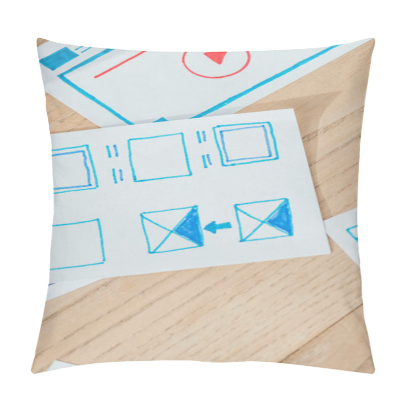 Personality  Top View Of User Experience Design Sketches On Wooden Table  Pillow Covers