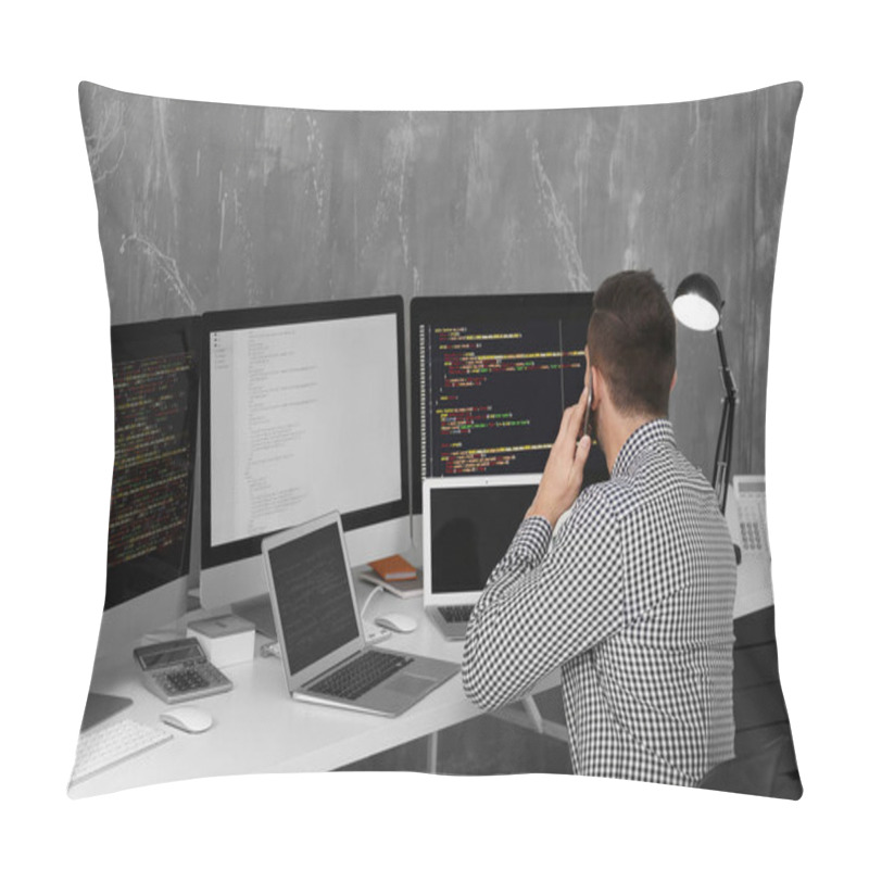 Personality  Handsome Young Programmer Working In Office Pillow Covers