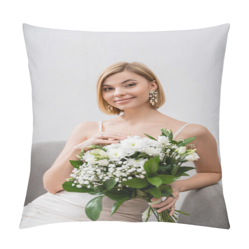 Personality  Special Occasion, Beautiful Blonde Bride In Wedding Dress Sitting In Armchair And Holding Bouquet On Grey Background, Engagement Ring, White Flowers, Bridal Accessories, Happiness, Feminine  Pillow Covers