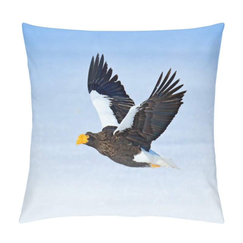 Personality  Steller's Sea Eagle, Haliaeetus Pelagicus, Flying Bird Of Prey, With Forest In Background, Hokkaido, Japan. Eagle With Nature Mountain Habitat. Pillow Covers