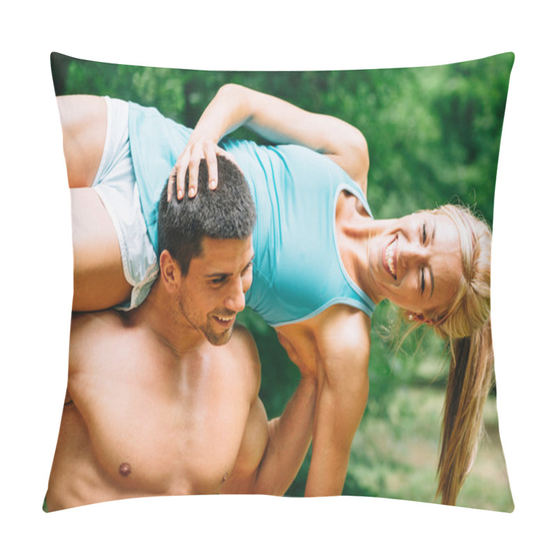 Personality  Fitness Couple Exercising In Nature Pillow Covers