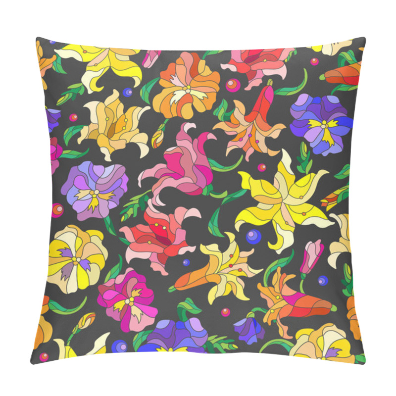 Personality  Seamless Background With Spring Flowers In Stained Glass Style, Flowers, Buds And Leaves Of Pansies And Lilies On A Dark Background Pillow Covers