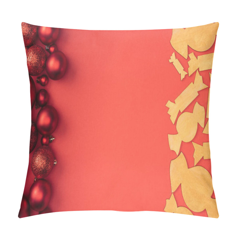 Personality  Flat Lay With Red Christmas Toys And Decorative Wooden Candies Isolated On Red Pillow Covers