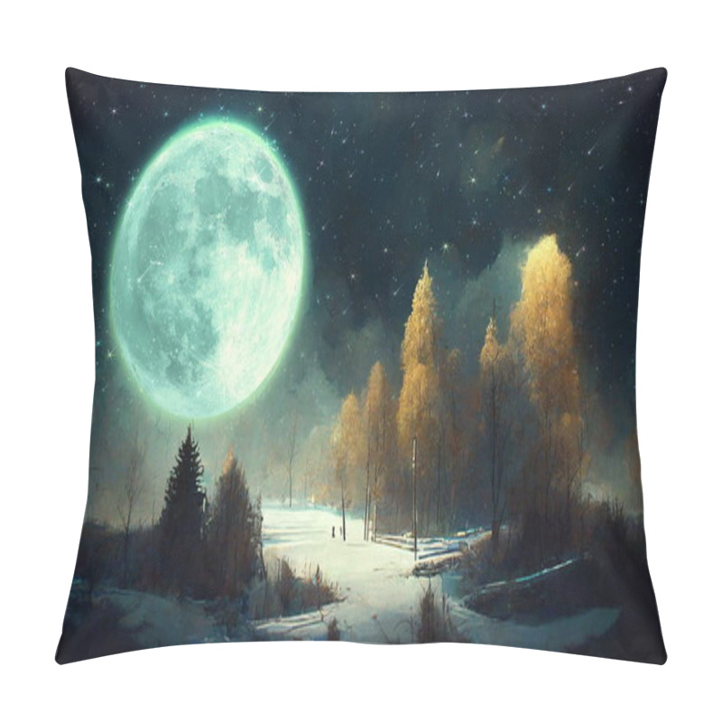 Personality  Big Moon On Night Starry Sky Winter Forest Snowy Weather Christmas Nature Landscape  Art Abstract Oil Painting Banner Pillow Covers