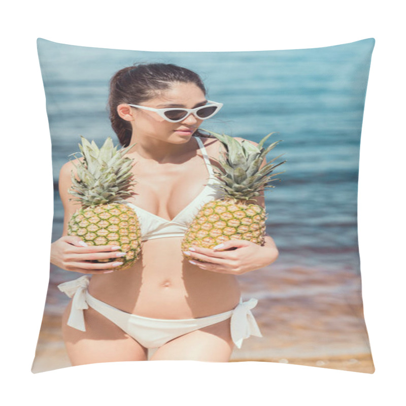 Personality  Attractive Girl In Bikini And Sunglasses Holding Fresh Pineapples Near The Sea Pillow Covers