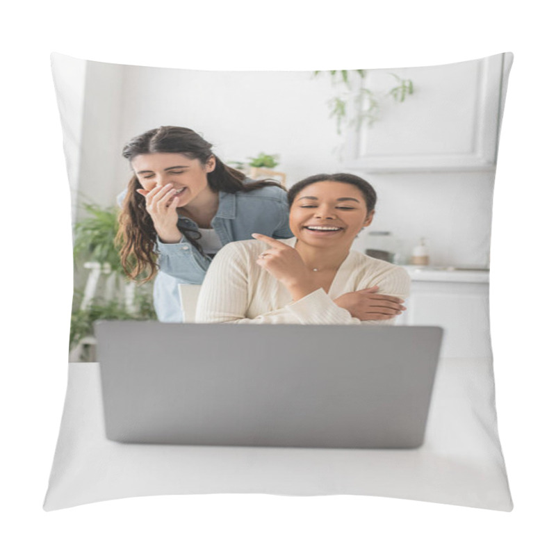 Personality  Lesbian Multiracial Woman With Engagement Ring On Finger Pointing At Girlfriend Laughing During Video Call  Pillow Covers