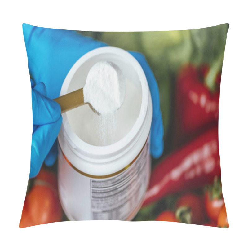 Personality  Collagen Protein Supplements Powder In Container With Plastic Spoon And Fresh Colorful Vegetables On The Table. Health And Beauty Supplement Concept Pillow Covers