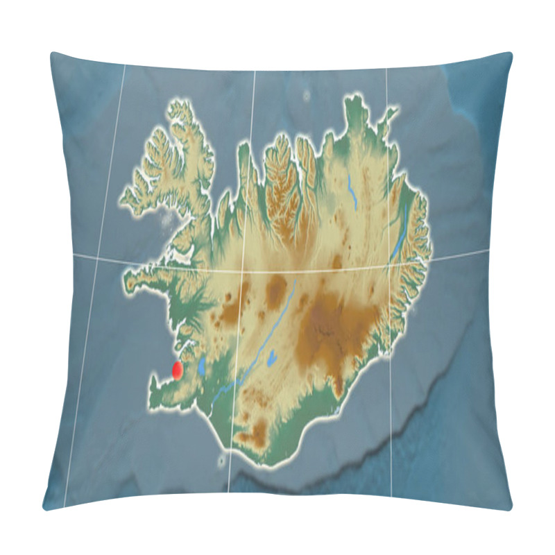 Personality  Iceland Outlined On The Relief Orthographic Map. Capital, Administrative Borders And Graticule Pillow Covers