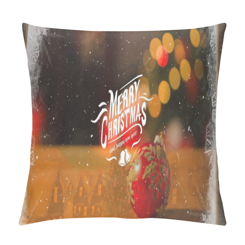 Personality  Image Of Snow Falling Over Merry Text Banner Against Bauble On Wooden Surface. Christmas Festivity And New Years Celebration Concept Pillow Covers