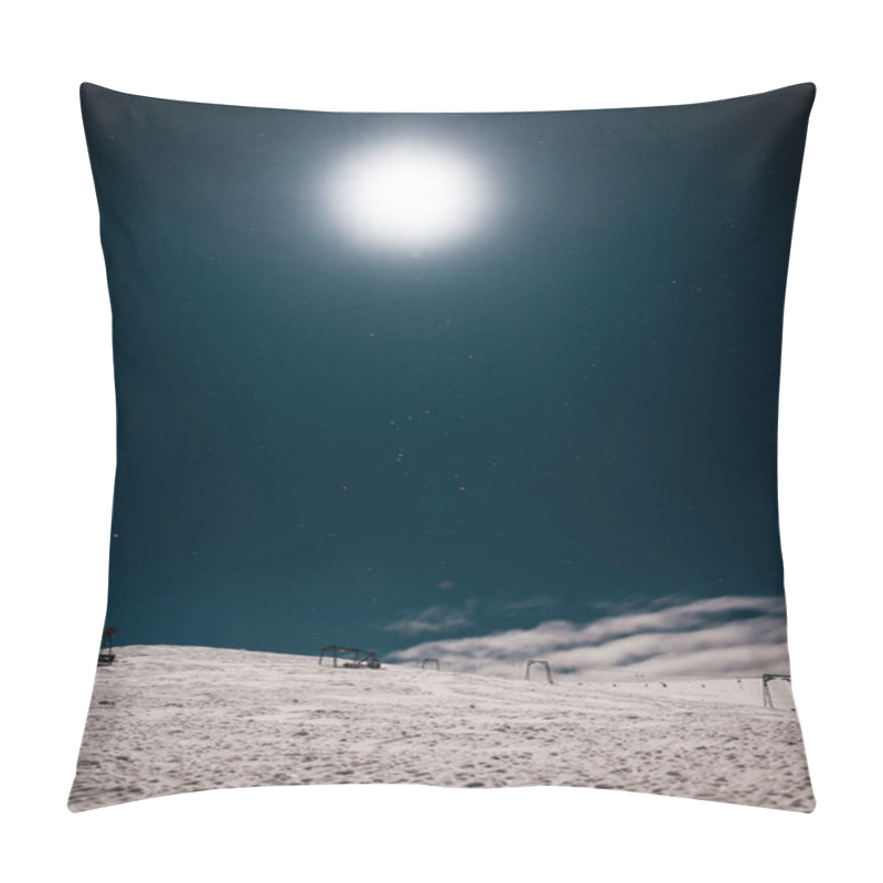 Personality  Scenic View Of Gondola Lift In Mountain Covered With Snow Against Dark Sky With Shining Sun Pillow Covers