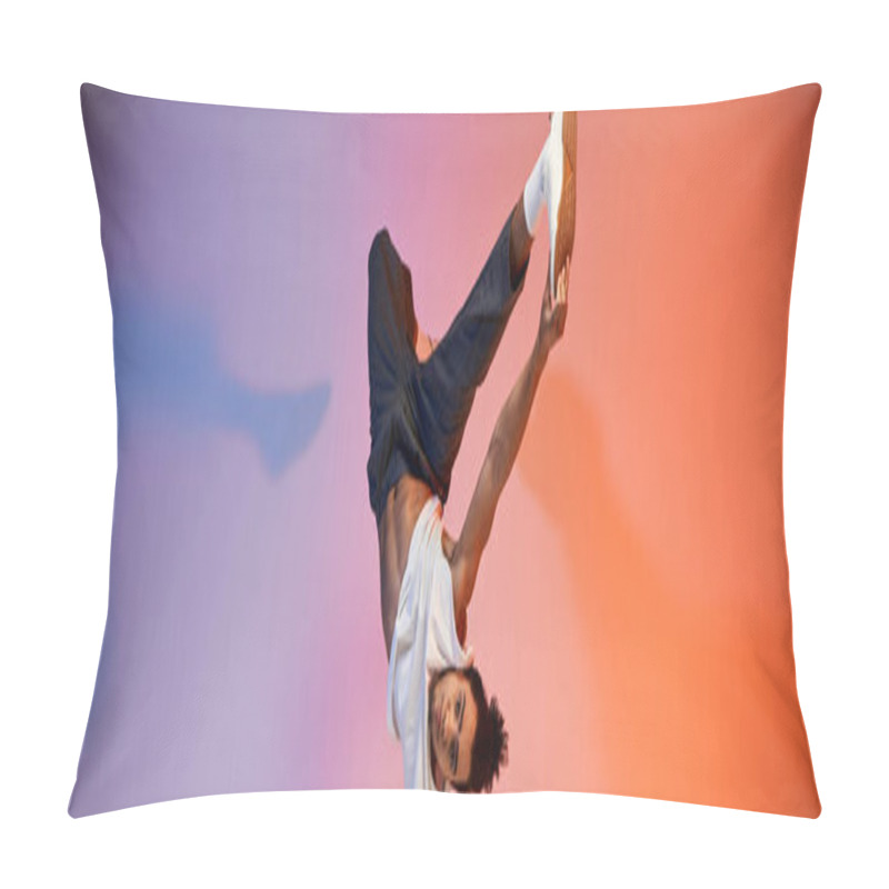 Personality  An African American Young Man Dances Against A Vibrant Gradient Background, Showcasing His Acrobatic Skills And Energetic Expression. Pillow Covers