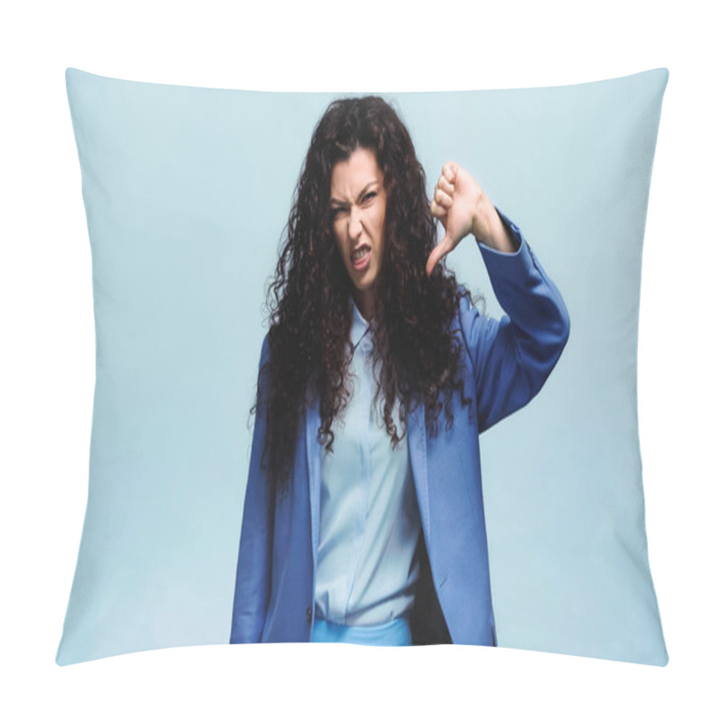 Personality  Displeased Woman Grimacing And Showing Dislike Sign Isolated On Blue Pillow Covers