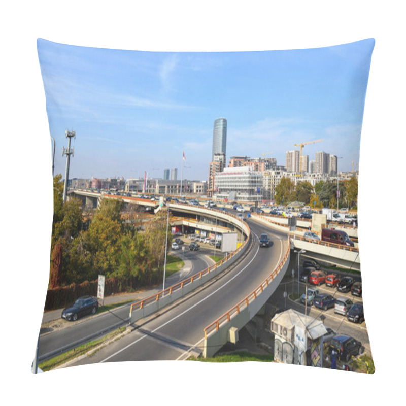 Personality  Mostar Loop Interchange And Urban Highway Over Gazela Bridge (European Route E75) In Belgrade, Capital Of Serbia On 31 October 2024 Pillow Covers