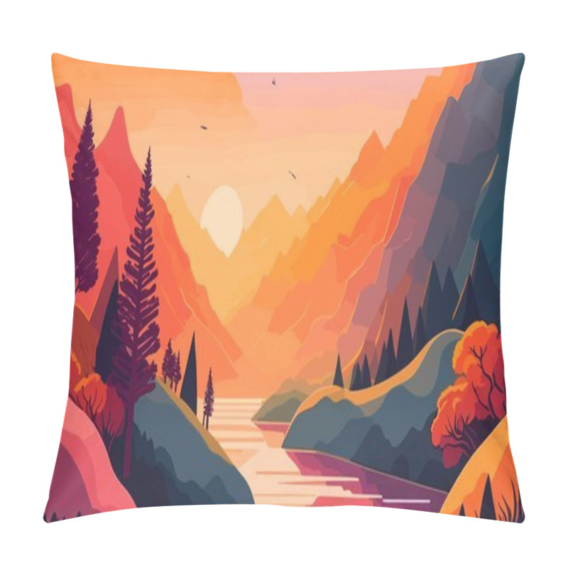 Personality  Sunset In Mountains Landscape Abstract Art Background. Minimalist Design With Sun, Tree Silhouettes, River In Dramatic Vivid Colors. Abstract Vector Art Wallpaper For Prints, Banner, Wall Art, Cover. Pillow Covers