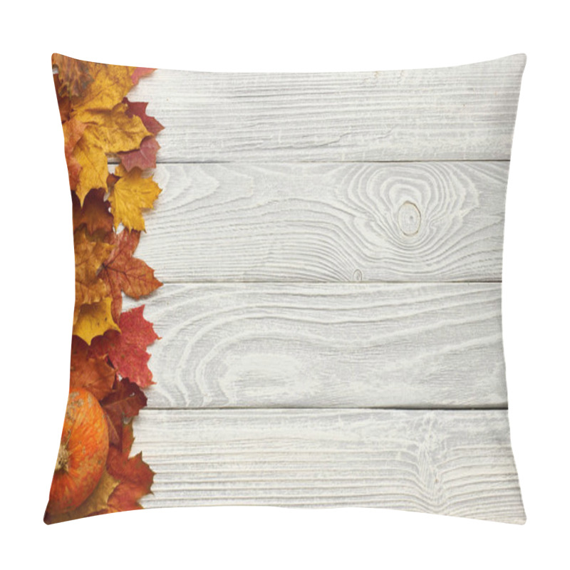 Personality  Autumn Leaves And Pumpkin Over Old Wooden Background  Pillow Covers