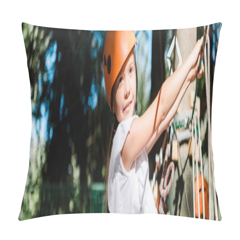 Personality  Panoramic Shot Of Positive Kid With Height Equipment On High Rope Trail  Pillow Covers