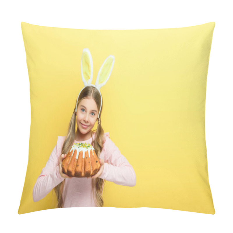 Personality  Happy Kid With Bunny Ears Holding Easter Cake Isolated On Yellow  Pillow Covers