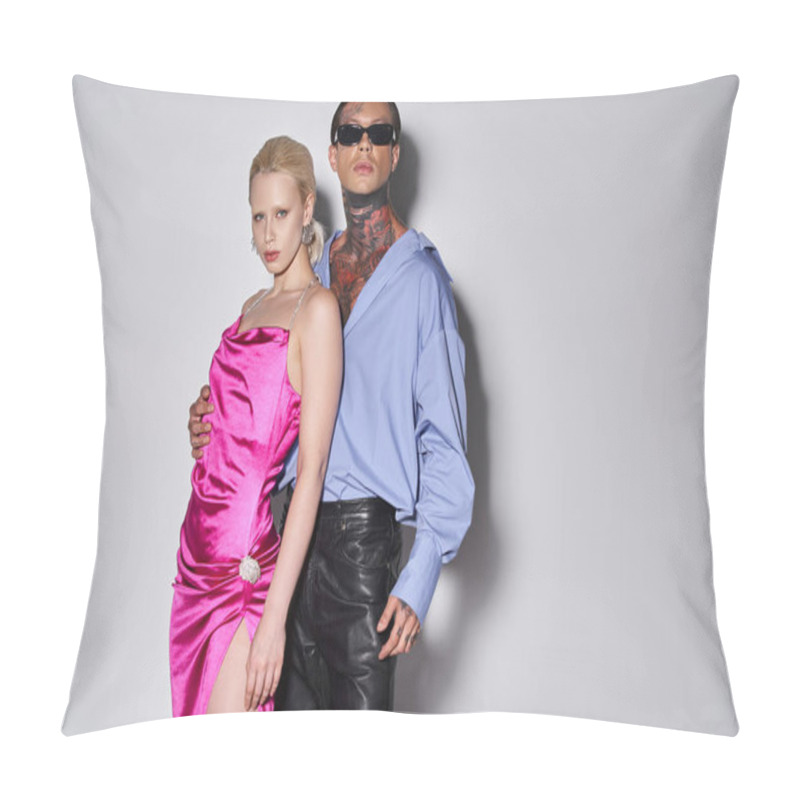 Personality  Fashionable Couple In Party Attire Looking At Camera On Grey Background, New Year 2024 Concept Pillow Covers