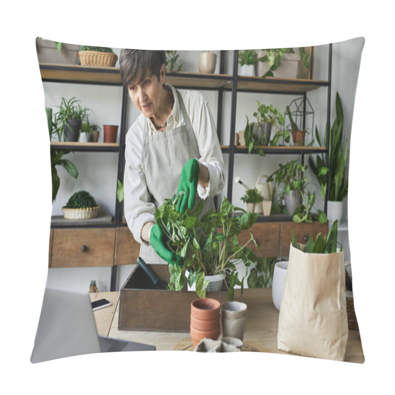 Personality  A Gardener Tends To Her Plants In A Tranquil Studio Filled With Greenery. Pillow Covers