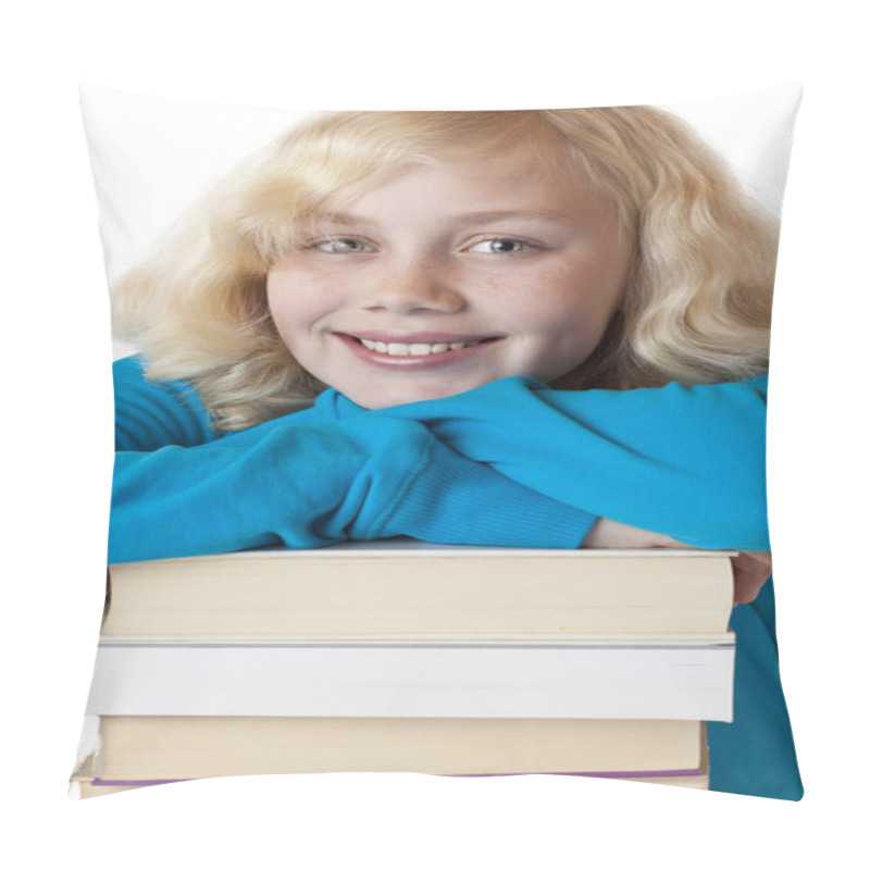 Personality  Closeup Of A Young Pretty Girl On A Pile Of Books Lehnt.isoliert On White Background. Pillow Covers