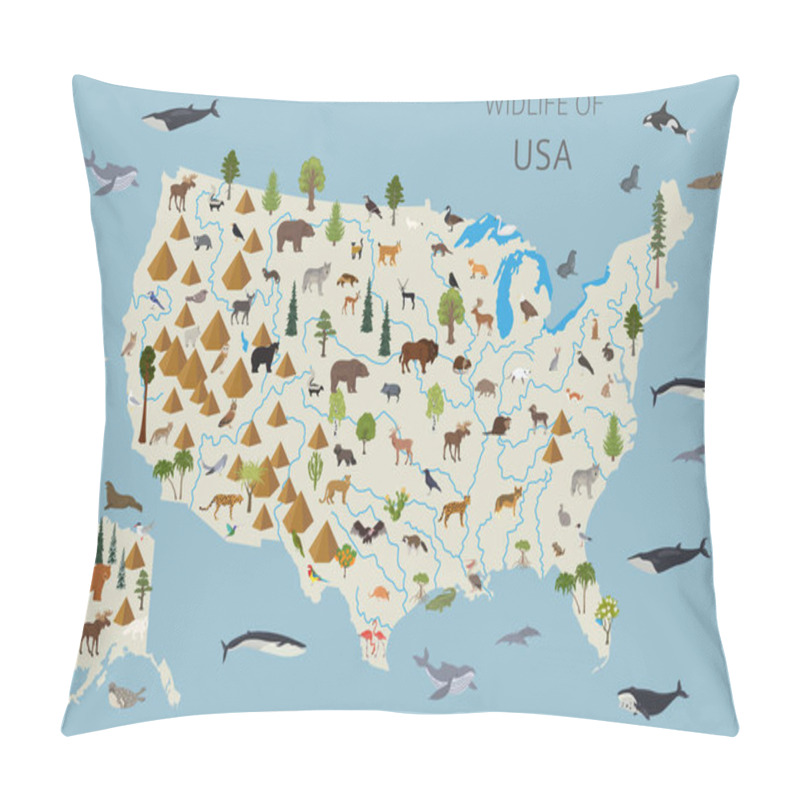 Personality  Flat Design Of USA Wildlife. Animals, Birds And Plants Constructor Elements Isolated On White Set. Build Your Own Geography Infographics Collection. Vector Illustration Pillow Covers