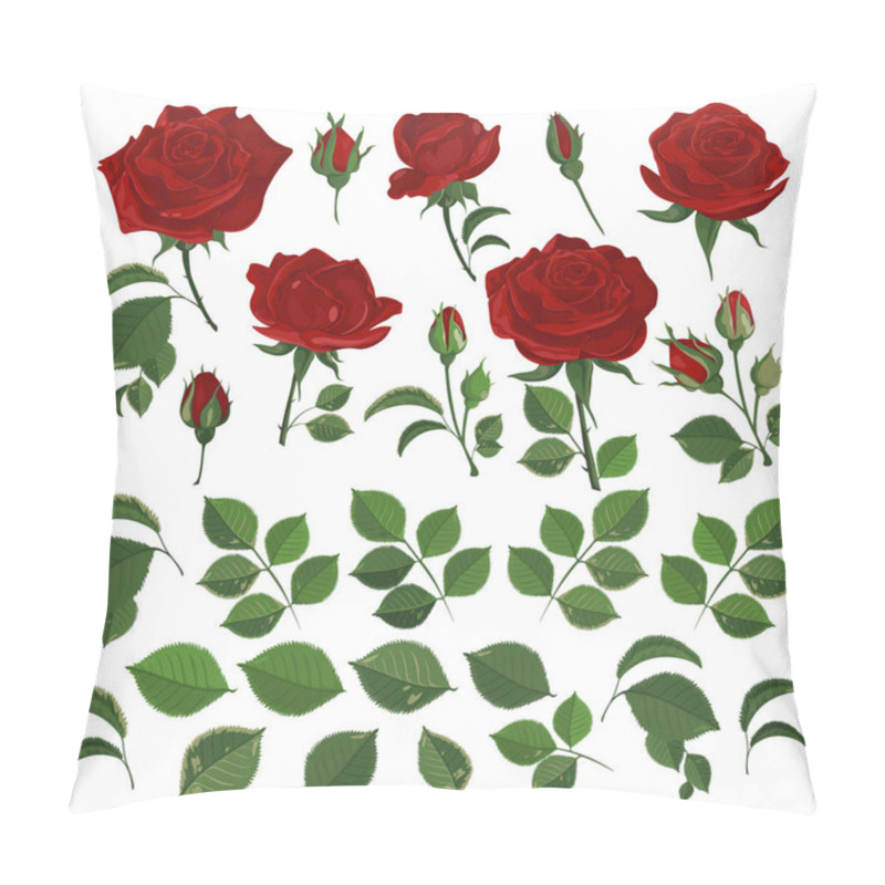 Personality  Set Of Red Rose Flower, Bud And Leaves. Isolated On White Vector Illustration Pillow Covers