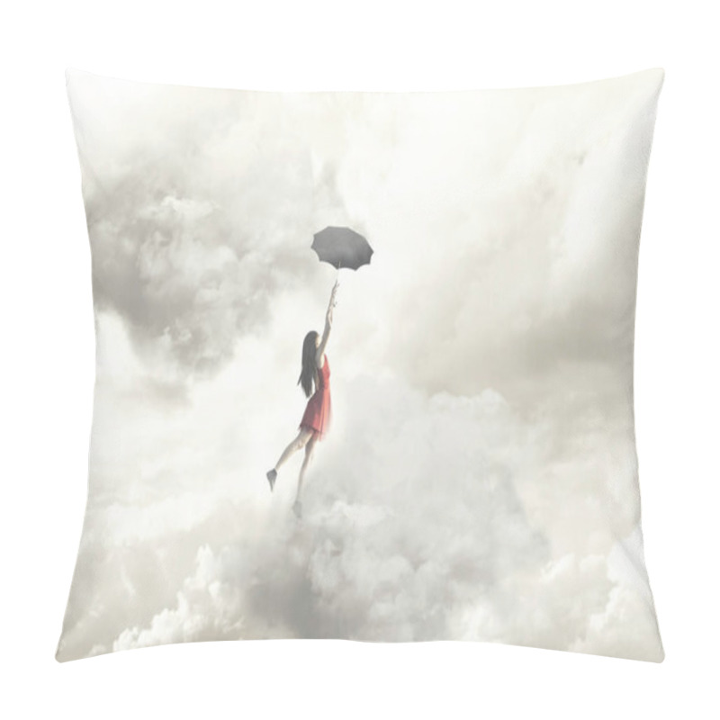 Personality  Surreal Moment Of An Elegant Woman Flying In The Middle Of The Clouds Hanging On Her Umbrella Pillow Covers