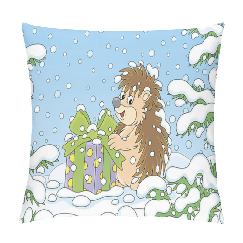 Personality  Little Prickly Surprised Hedgehog With A Christmas Gift Under Snow-covered Branches Of Green Firs In A Winter Forest On A Snowy Day, Vector Cartoon Illustration Pillow Covers