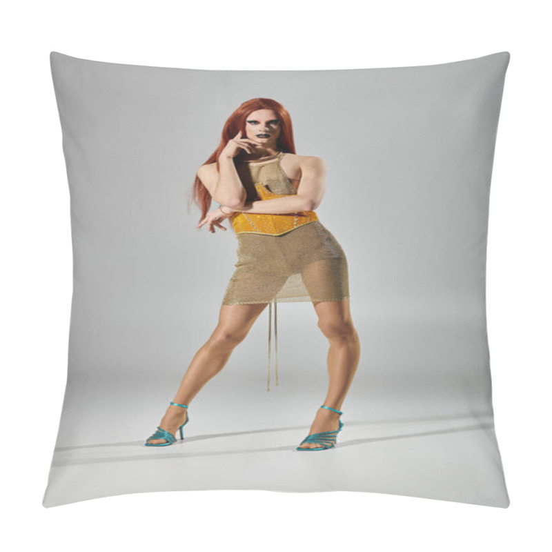 Personality  A Drag Queen Poses In A Studio, Wearing A Revealing Golden Mesh Dress With A Yellow Bodice. Pillow Covers