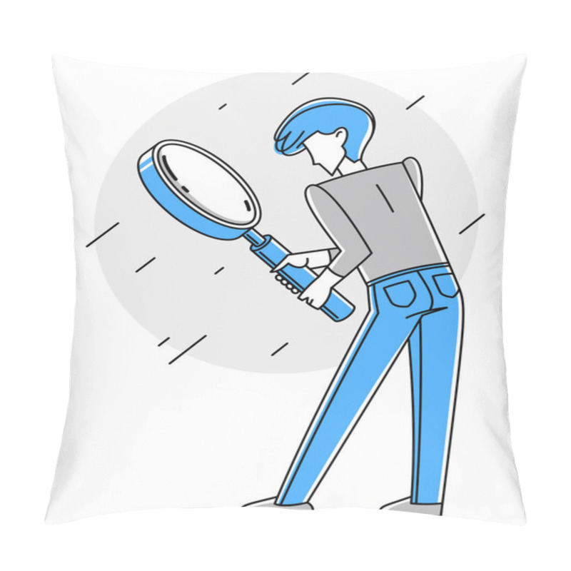 Personality  Young Person With Magnifying Glass Outline Vector Illustration, Making Some Inquiry And Collecting Data For Analysis, Exploration And Research For Business Or Science. Pillow Covers