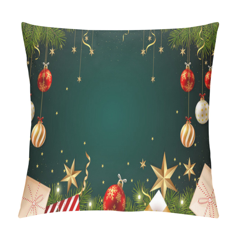 Personality  Festive Christmas Decorations Featuring Ornaments, Gifts, And Stars On A Green Background. Perfect For Holiday Themes And Seasonal Designs. Pillow Covers