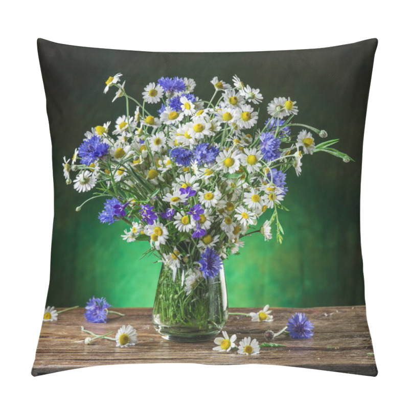 Personality  Bouquet Of Chamomiles And Cornflowers In The Vase On The Wooden  Pillow Covers