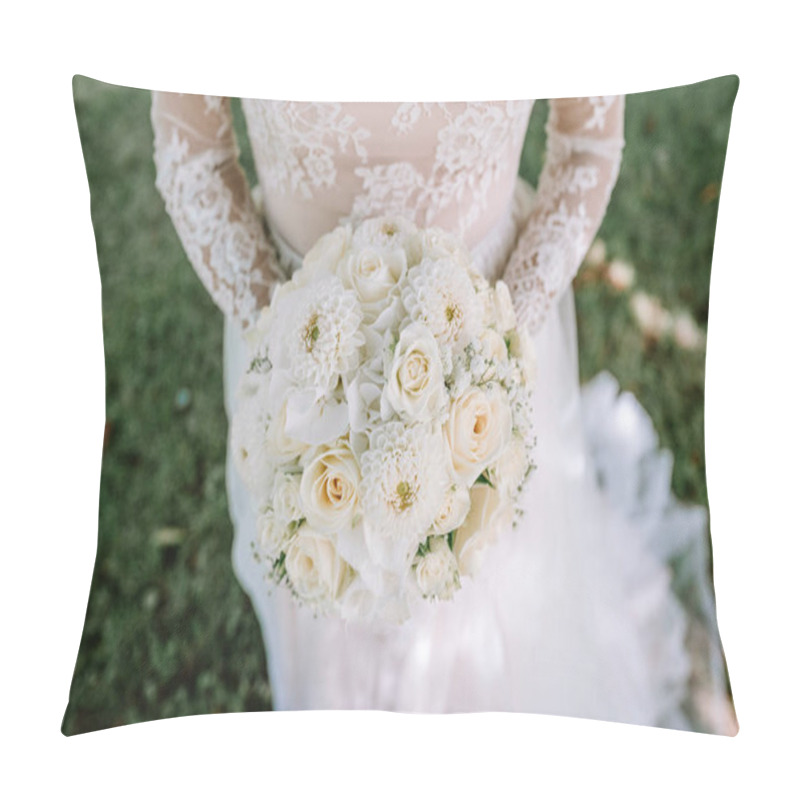 Personality  Valmiera, Latvia - August 10, 2023 - Close-up Of A Bride Holding A White Floral Bouquet, Lace Dress Detail Visible. Pillow Covers