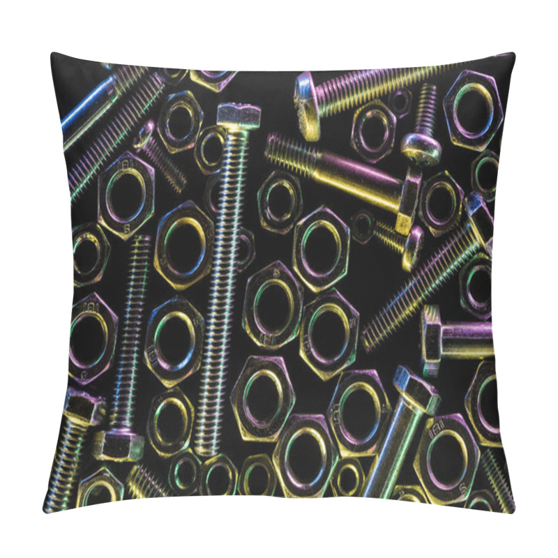 Personality  Top View Of Scattered Metallic Bolts And Nuts Isolated On Black Pillow Covers