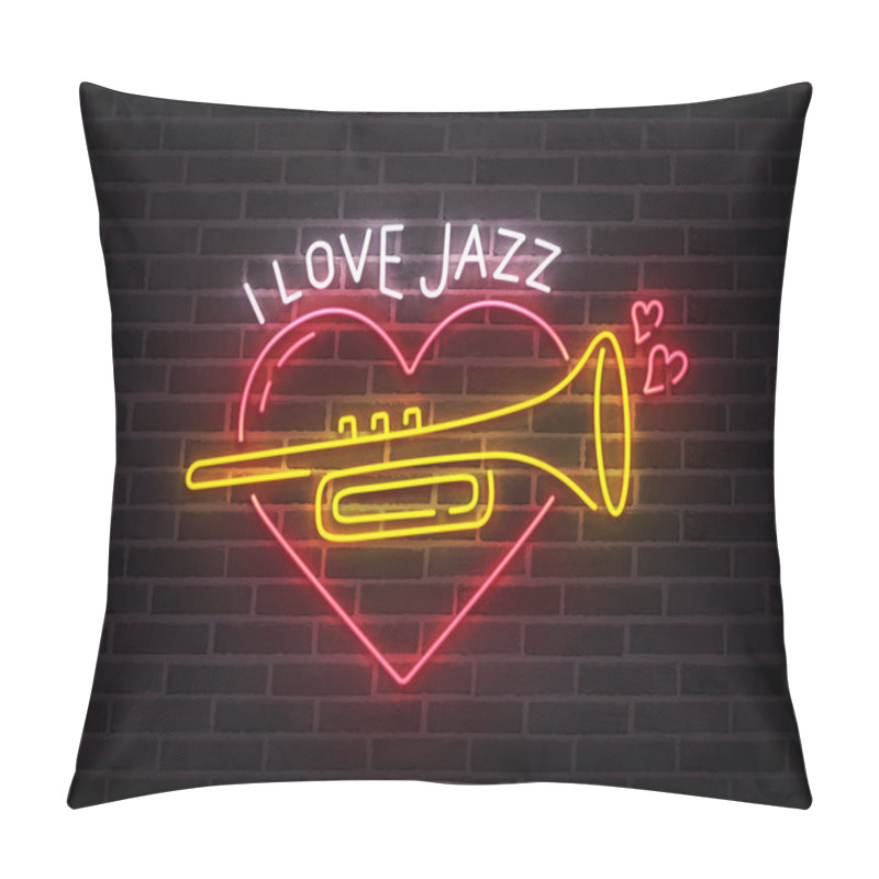 Personality  Jazz Music Neon Sign, Bright Signboard, Light Banner. I Love Jazz Music Logo Neon, Emblem. Vector Illustration Pillow Covers