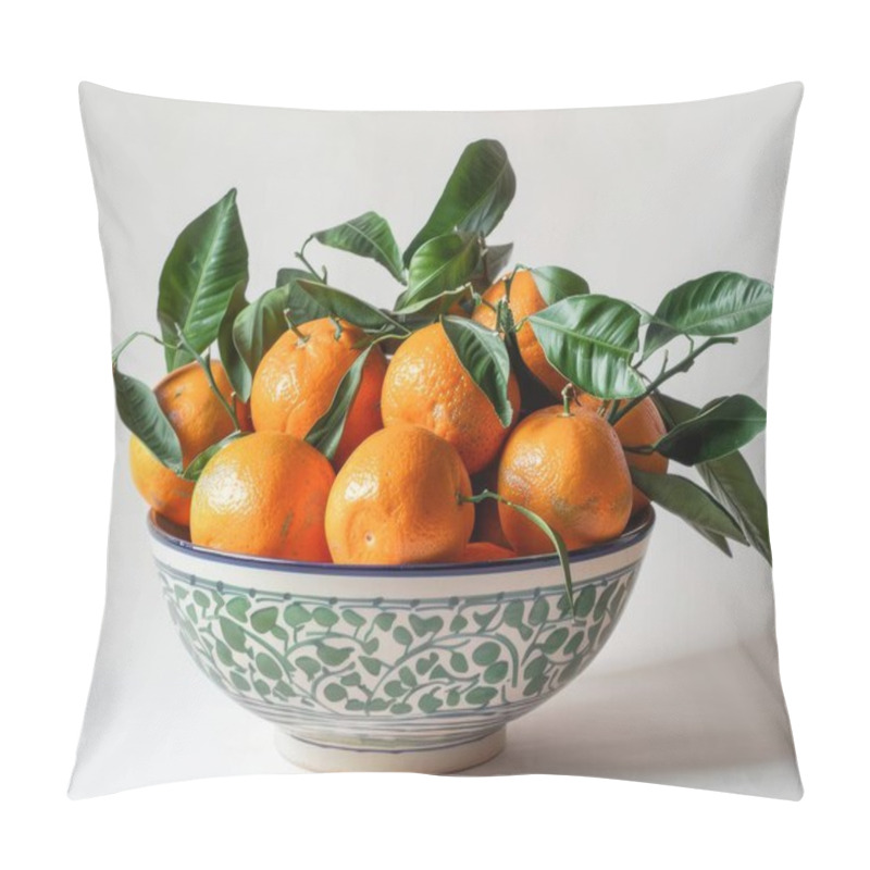 Personality  A Vibrant Bowl Filled With Fresh, Ripe Oranges Adorned With Green Leaves. Pillow Covers