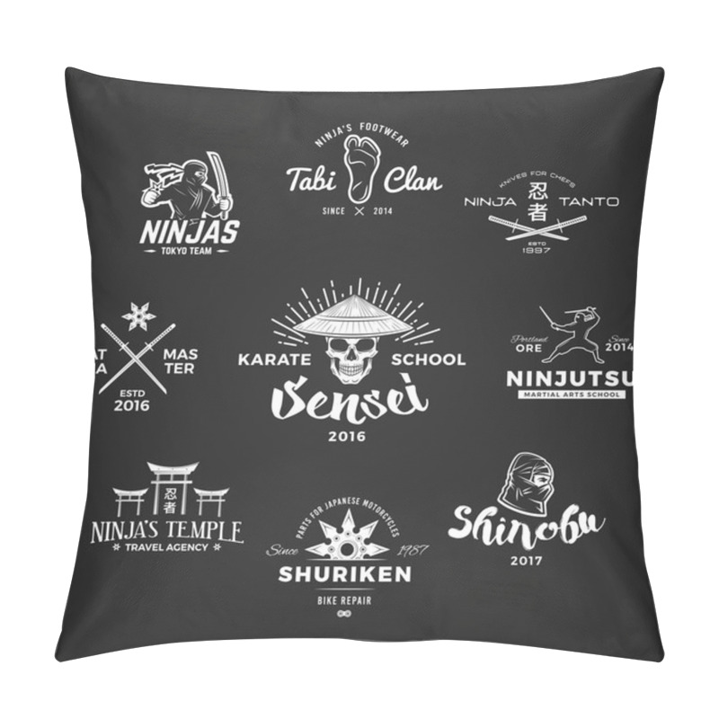 Personality  Set Of Ninjutsu Logo. Sensei Skull T-shirt Illustration Concept On Gray Background. Japanese Katana Weapon Insignia Design. Vintage MMA Badge. Pillow Covers