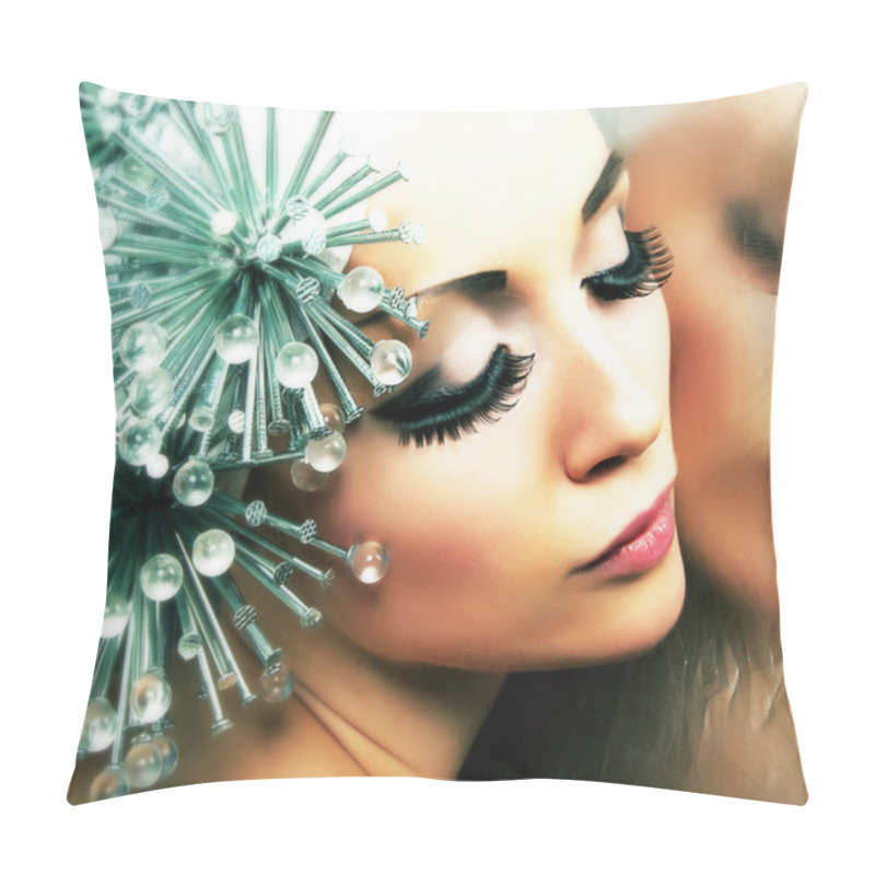 Personality  Enigma. Daydreaming Woman With Fancy Metallic Coiffure. Fantasy & Futurism Pillow Covers