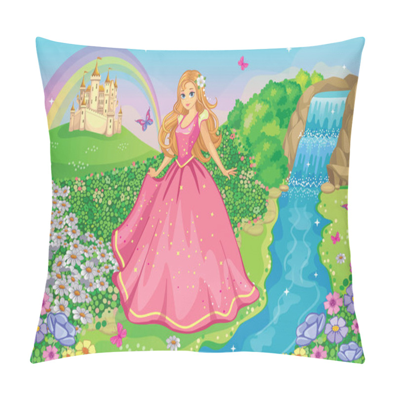 Personality  A Beautiful Princess In A Pink Dress / Ball Gown. Fairytale And Romantic Story. Fabulous Background With Flower Meadow, Castle, Rainbow, Beautiful Waterfall And River. Wonderland. Cartoon Illustration For Children. Vector. Pillow Covers