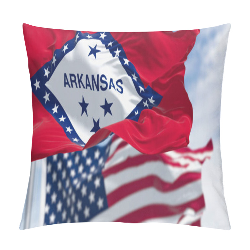 Personality  Close-up Of Arkansas State Flag Waving With The American Flag On A Clear Day. 3d Illustration Redner. Selective Focus. Rippling Fabric Pillow Covers