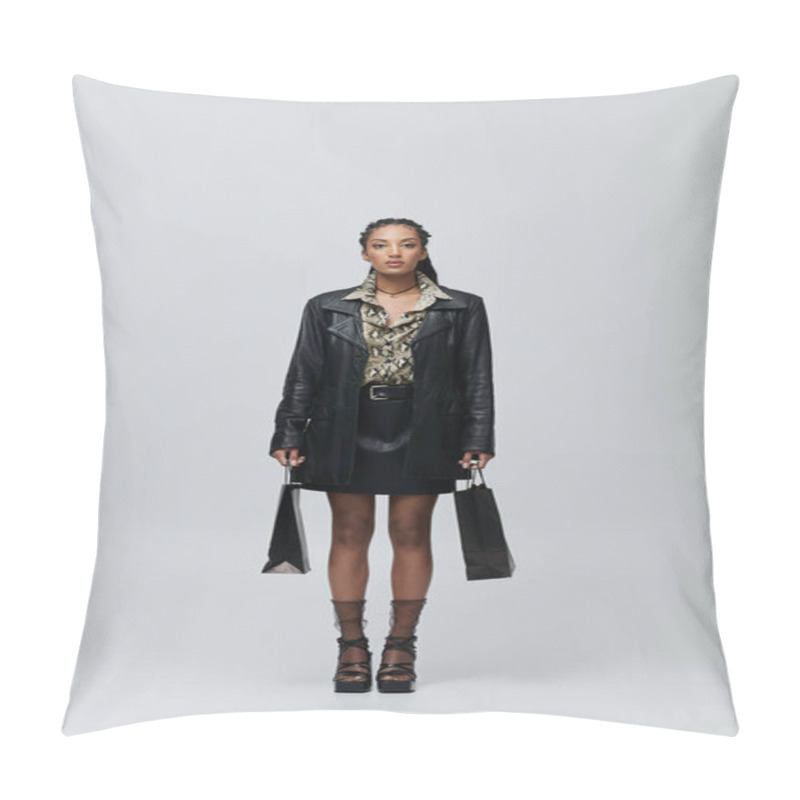 Personality  A Stylish Young Woman Poses In A Black Leather Jacket And Skirt, With A Patterned Shirt, Holding Shopping Bags. Pillow Covers