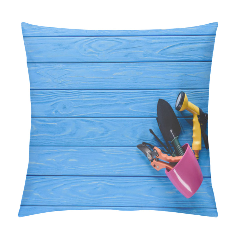 Personality  Top View Of Flowers Pot With Gardening Equipment On Blue Wooden Planks Pillow Covers